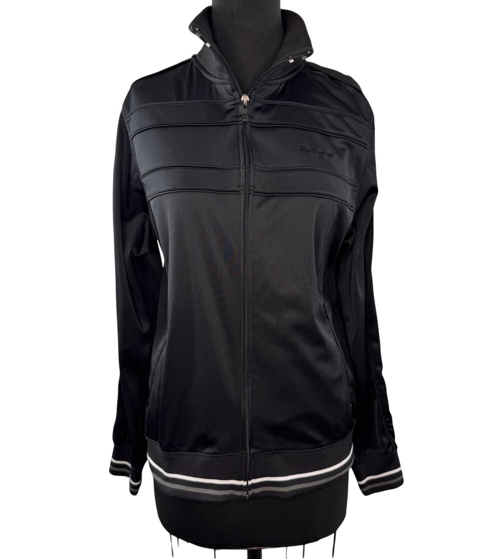 BEN SHERMAN Black Track Jacket Striped Mock Neck Long Sleeve Full Zip Size S/M